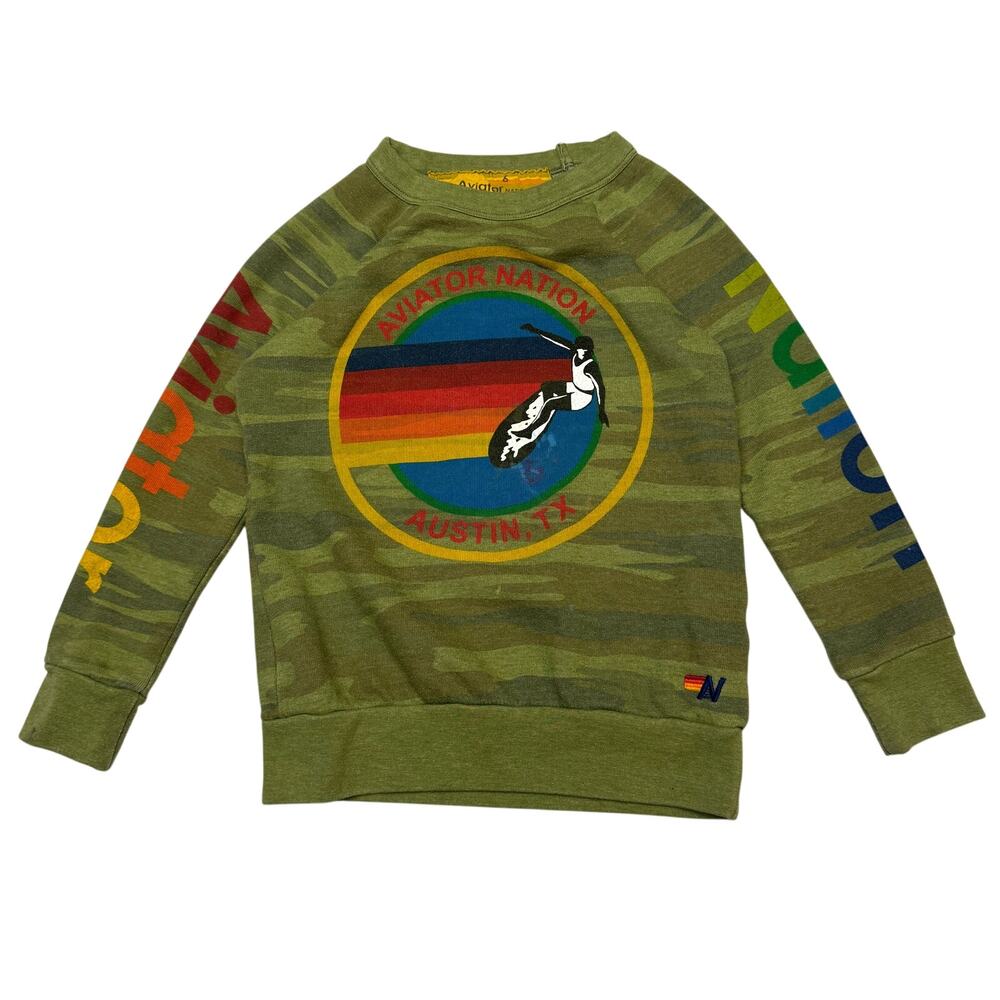Aviator Nation Austin TX Camo Sweatshirt Pullover Kid's Youth 6 Retro Casual